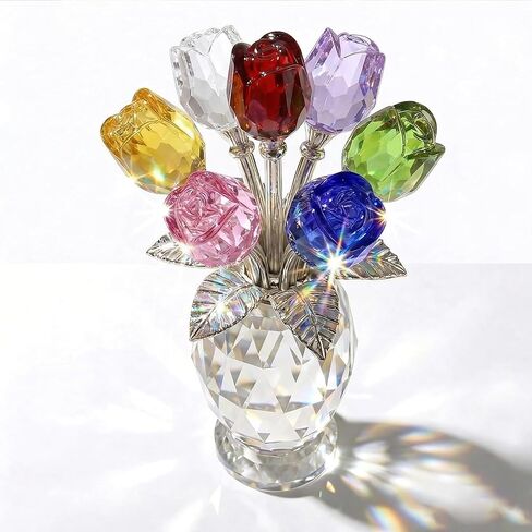Elegant Crystal Rose Figurine with Gift Box – 7 Colorful K9 Glass Roses Floral Sculpture, Handmade Everlasting Flower Decor, Romantic Gift for Valentine’s Day, Mother’s Day, Wedding, Anniversary in Saudi Arabia