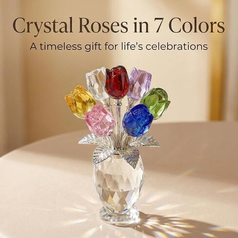 Elegant Crystal Rose Figurine with Gift Box – 7 Colorful K9 Glass Roses Floral Sculpture, Handmade Everlasting Flower Decor, Romantic Gift for Valentine’s Day, Mother’s Day, Wedding, Anniversary in Saudi Arabia