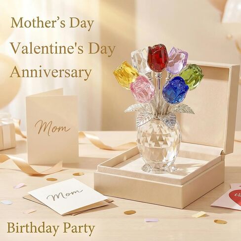 Elegant Crystal Rose Figurine with Gift Box – 7 Colorful K9 Glass Roses Floral Sculpture, Handmade Everlasting Flower Decor, Romantic Gift for Valentine’s Day, Mother’s Day, Wedding, Anniversary in Saudi Arabia