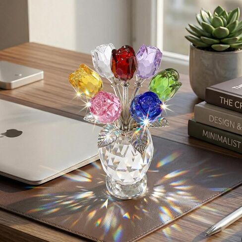 Elegant Crystal Rose Figurine with Gift Box – 7 Colorful K9 Glass Roses Floral Sculpture, Handmade Everlasting Flower Decor, Romantic Gift for Valentine’s Day, Mother’s Day, Wedding, Anniversary in Saudi Arabia