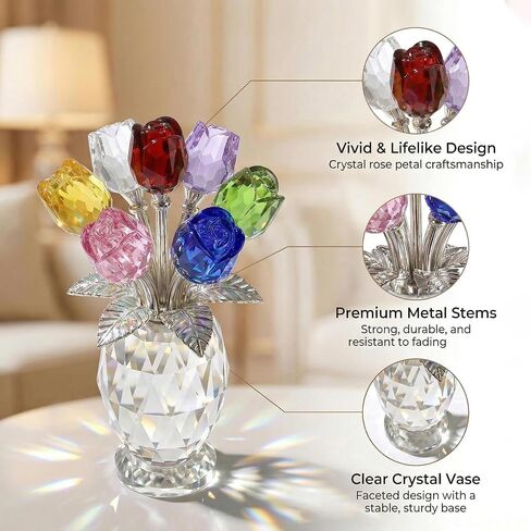 Elegant Crystal Rose Figurine with Gift Box – 7 Colorful K9 Glass Roses Floral Sculpture, Handmade Everlasting Flower Decor, Romantic Gift for Valentine’s Day, Mother’s Day, Wedding, Anniversary in Saudi Arabia