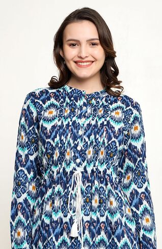 فستان طويل الأكمام مصنوع يدويًا من القطن مطبوع يدويًا هدية للنساء in Saudi Arabia