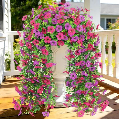 4 Pcs Artificial Hanging Flowers for Outdoor, Fake Silk Daisy Flowers Spring Summer Decoration UV Resistant Faux Plants for Planter Front Door Porch Patio Balcony Yard Decor, Purple Fuchsia in Saudi Arabia