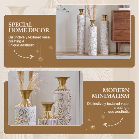 Gold Standing Vase for Floor 3 Piece Floor Vase Sets Living Room Decor Tall Large Metal Vases with Growing Vine Patterns 25.2"/29.33"/34.25" Height in Saudi Arabia