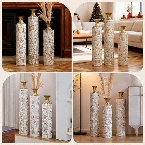 Gold Standing Vase for Floor 3 Piece Floor Vase Sets Living Room Decor Tall Large Metal Vases with Growing Vine Patterns 25.2"/29.33"/34.25" Height in Saudi Arabia