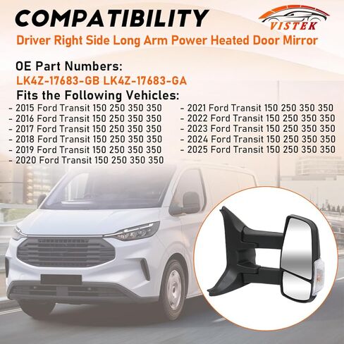 مرآة باب مسخنة كهربائيًا ومرآة رؤية جانبية للسائق FIT Ford Transit 150 250 350 350 HD 2014-2024، مرآة سحب بذراع طويل، إشارة انعطاف مدمجة، استبدل OE# LK4Z-17682-GB، الجانب الأيسر فقط in Saudi Arabia