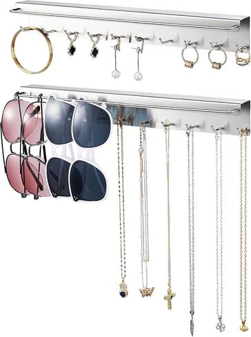قطعتان من حامل القلادة على الحائط، منظم المجوهرات المعلقة، حامل النظارات الشمسية، عرض منظم القلادة مع 20 خطافًا للمجوهرات لتخزين نظارات السوار والقلائد، فضي in Kuwait