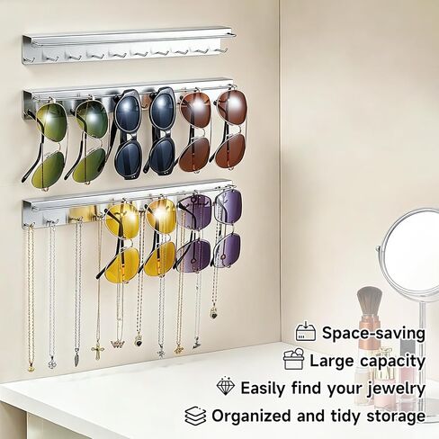 قطعتان من حامل القلادة على الحائط، منظم المجوهرات المعلقة، حامل النظارات الشمسية، عرض منظم القلادة مع 20 خطافًا للمجوهرات لتخزين نظارات السوار والقلائد، فضي in Kuwait