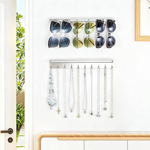قطعتان من حامل القلادة على الحائط، منظم المجوهرات المعلقة، حامل النظارات الشمسية، عرض منظم القلادة مع 20 خطافًا للمجوهرات لتخزين نظارات السوار والقلائد، فضي in Kuwait