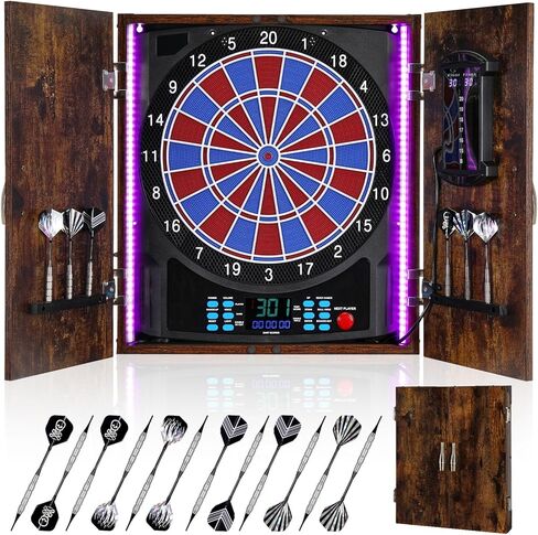 Electronic Dart Board, Electric Dartboard Cabinet Set for Adults [6 Soft Tip Darts] Individual Light Color for Each Player- Wooden Dartboard Cabinet for Family Game [Black] in Saudi Arabia