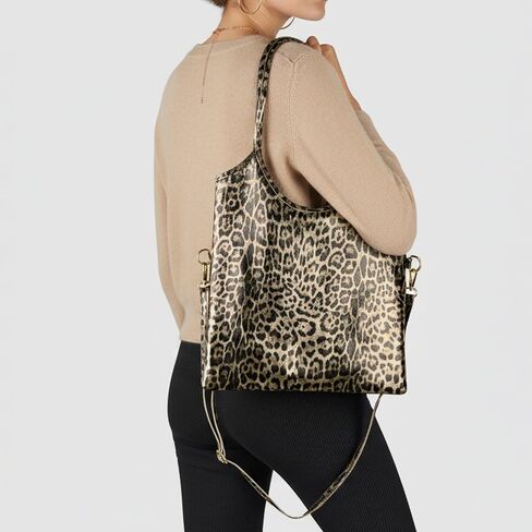 Italian Genuine Metallic Suede Tote Bag for Women with Leopard Print & Zipper | Soft Vertical Medium Leather Purse in Kuwait
