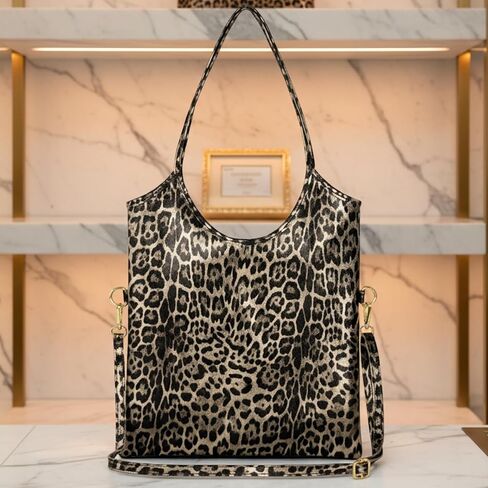 Italian Genuine Metallic Suede Tote Bag for Women with Leopard Print & Zipper | Soft Vertical Medium Leather Purse in Kuwait