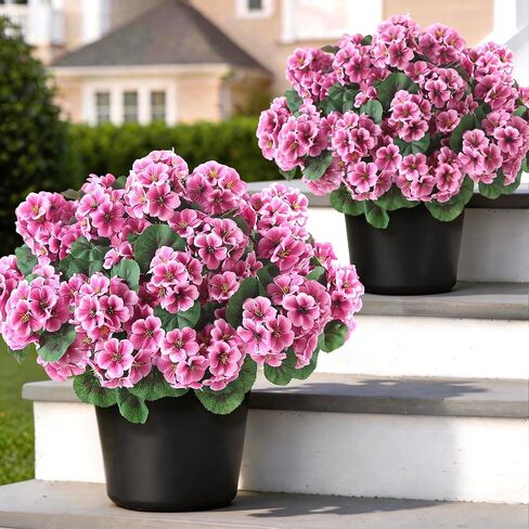 2 Pack Artificial Geranium Flowers Topitary Trees for Outdoors, UV Resistant Geraniums Potted Bushes Look Real Silk Faux Plants for Front Door Garden Porch Planter Farmhouse Home Decor (Peach Red) in Saudi Arabia