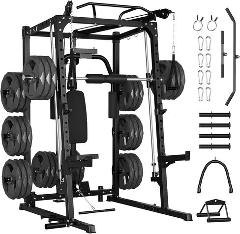 GarveeLife Smith Machine, 2000LBS Squat Rack for Home Gym, Multi-Function Power Cage Cable Crossover System Strength Training Equipment, Lat Pulldown Machines with 8 Weight Storage Pin, T-Bar and More in Saudi Arabia