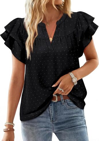 Gaharu Womens Dressy Summer Tops Ruffle Short Sleeve Blouses Casual V Neck Swiss Dot Boho Shirts in Saudi Arabia