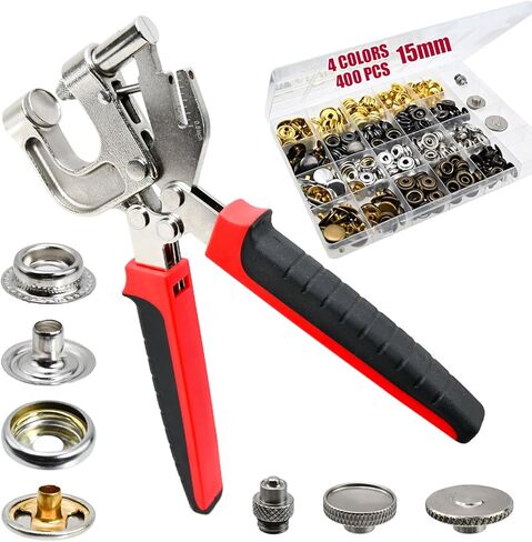 Snap Fastener Tool Kit, 4 Colors 400 PCS Boat Cover Snaps with Built in Punching Snap Installation Tool, 15 MM Canvas Snaps for Leather, Clothing and DIY Handmade in Saudi Arabia