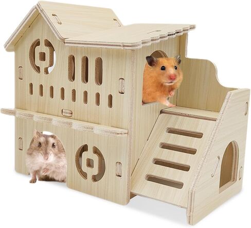 Hamiledyi Wooden Hamster House Hideout Mouse House with Ladder and Platform Cute Habitat Hut Small Animals Cage Accessories for Dwarf Hamster Mice Gerbil and Other Similar Sized Animals in Saudi Arabia
