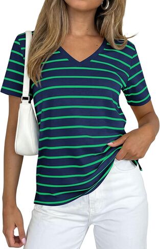 PRETTYGARDEN Short Sleeve Shirts for Women 2026 Spring V Neck Cute Tops Casual Striped Shirt Knitted Tees Summer Outfits in Saudi Arabia