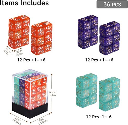 SIXPOINTS 36Pcs 12mm MTG Counter Dice Plus 1 Life Counters +1/+1 Tokens 3 Color 6 Sided Dice Set with Case for Magic The Gathering, MTG, TCG, Card Games Accessories (MTG 12mm +/- Dice Counters#C) in Saudi Arabia