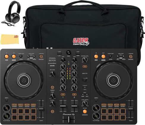 وحدة تحكم DJ Pioneer DJ DDJ FLX4 بقناتين - حزمة سوداء مع حقيبة التمساح، وسماعات الرأس، وقطعة قماش تلميع Austin Bazaar in Saudi Arabia