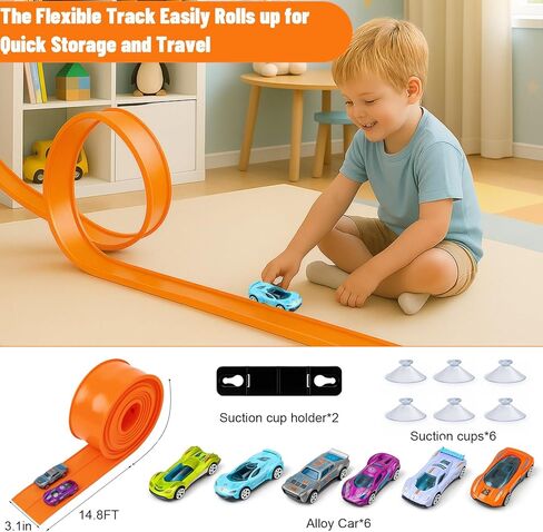 15 Ft Flexible Race Track for Kids, Flex Track Race Cars with 6 Pcs Suction Cups, Double-Sided Racetrack Compatible 1:64 Diecast Cars, Portable Roll Up Toy Gifts for Boys Girls Ages 3+‌ (Orange) in Saudi Arabia