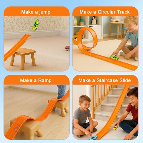 15 Ft Flexible Race Track for Kids, Flex Track Race Cars with 6 Pcs Suction Cups, Double-Sided Racetrack Compatible 1:64 Diecast Cars, Portable Roll Up Toy Gifts for Boys Girls Ages 3+‌ (Orange) in Saudi Arabia