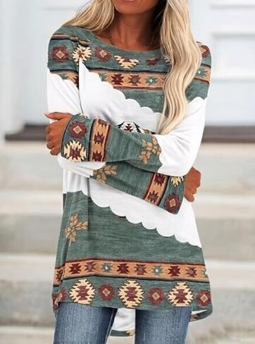 Women Vintage Aztec Cowgirl Sweatshirts Crew Neck Western Animal Graphic Pullover Ethnic Long Sleeve Shirt Tops in Saudi Arabia