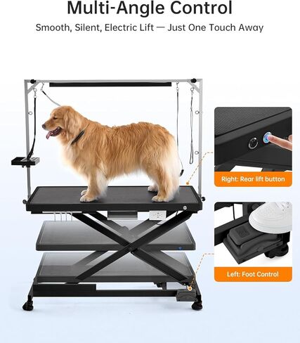POLIMO LED Professional Electric Dog Grooming Table - 50" Heavy Duty Dog Grooming Station with LED, Button & Foot Control, Grooming Arm, Leveling Wheels, Anti-Slip Top & Tool Organizer (50", White) in Saudi Arabia