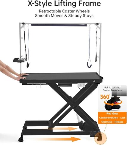 POLIMO LED Professional Electric Dog Grooming Table - 50" Heavy Duty Dog Grooming Station with LED, Button & Foot Control, Grooming Arm, Leveling Wheels, Anti-Slip Top & Tool Organizer (50", White) in Saudi Arabia