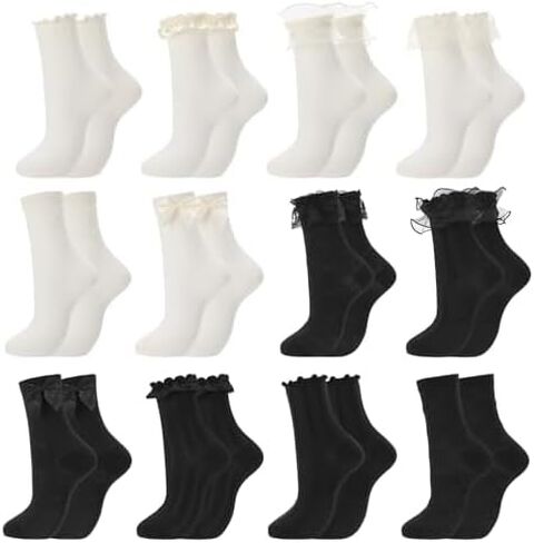 6 Pairs Womens Crew Socks Lace Cute Princess Ankle Socks with Bow for Girl in Saudi Arabia