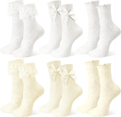 6 Pairs Womens Crew Socks Lace Cute Princess Ankle Socks with Bow for Girl in Saudi Arabia