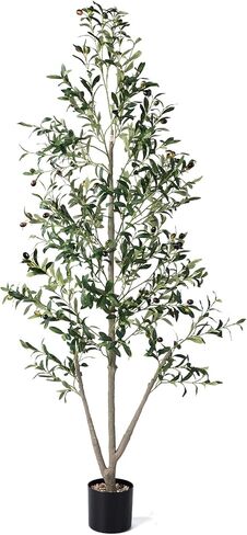 Olive Trees Artificial Indoor, 6FT Tall Faux Olive Tree with Light Kit Moss and Planter, Faux Plants Indoor with Natural Wood Trunk and Lifelike Fruits, Fake Tree for Home Office Living Room Decor in Saudi Arabia