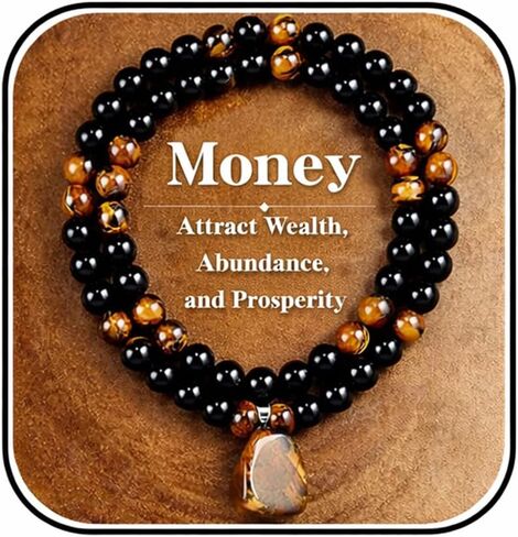 Money Necklace Long Crystal Beaded Necklace Money Attraction Necklaces Spiritual Protection Jewelry Feng Shui Wealth Obsidian Tiger Eye Jade Jewelry Gifts for Women Men in Saudi Arabia