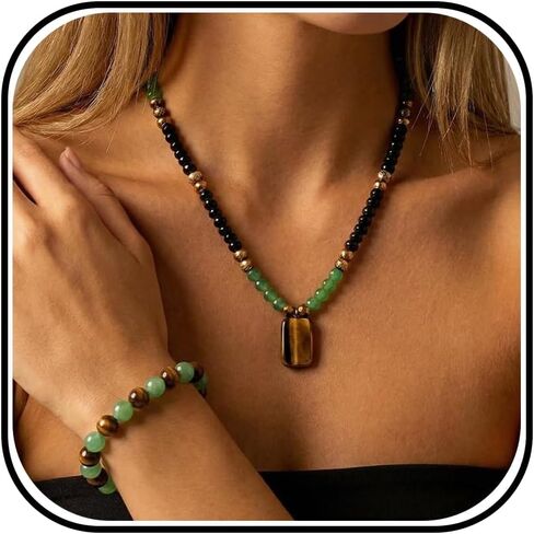 Money Necklace Long Crystal Beaded Necklace Money Attraction Necklaces Spiritual Protection Jewelry Feng Shui Wealth Obsidian Tiger Eye Jade Jewelry Gifts for Women Men in Saudi Arabia