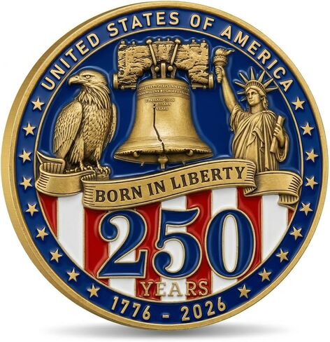 عملة تذكارية للذكرى الـ 250 للولايات المتحدة الأمريكية، النسر الأصلع الوطني وتصميم تمثال الحرية مع العلم الأمريكي وجرس الحرية، 1776-2026 عملة أمريكا 250 عامًا من الحرية in Kuwait