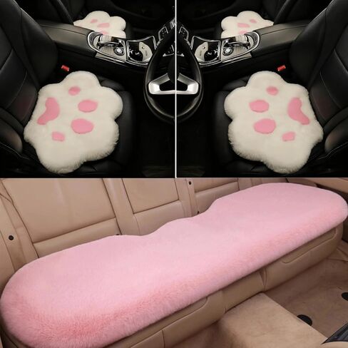 Fluffy Cat Paw Print Car Seat Cover for Universal Faux Sheepskin Fur Car Seat Covers Fuzzy Soft Plush Auto Seat Protector Pad (Pink, 2pcs Front Seat Cushions) in Saudi Arabia