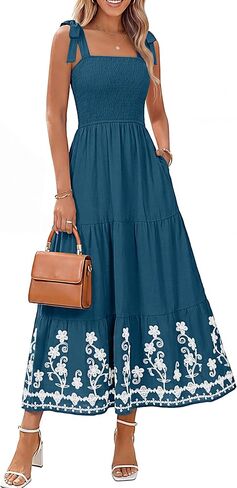 BerryGo Women's Summer Boho Maxi Dress Smocked Spaghetti Strap Embroidery Casual Beach Vacation Sundress with Pockets 2026 in Saudi Arabia