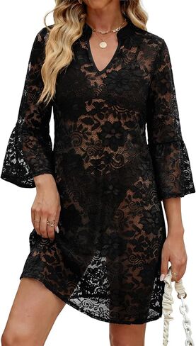 Women's Swimwear Cover-Up Bell Sleeve Lace V-Neck Beach Dress Side Slit Bikini Coverup for Pool Party Vacation in Saudi Arabia