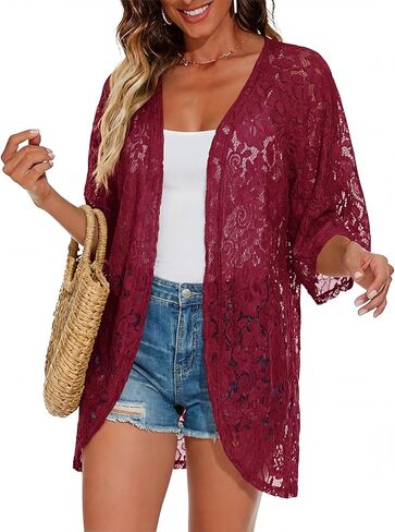 Women's Casual Lace Kimono Cardigan 3 4 Sleeve Sheer Shrug Formal Dress Beach Party Cover Up in Saudi Arabia