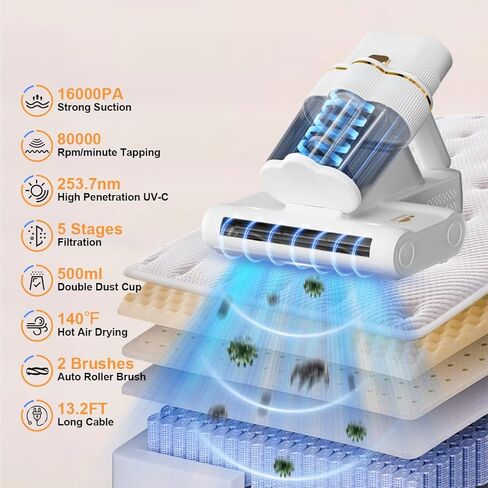 مكنسة كهربائية للمراتب مع ضوء الأشعة فوق البنفسجية - C شفط 16 كيلو باسكال و80000 دورة في الدقيقة فرشاة مزدوجة وكوب ثلاثي، تسخين وموجات فوق صوتية وسرعتان ومنفذ شفط موسع، مكنسة كهربائية للسرير مضادة للحساسية (أبيض) in Kuwait