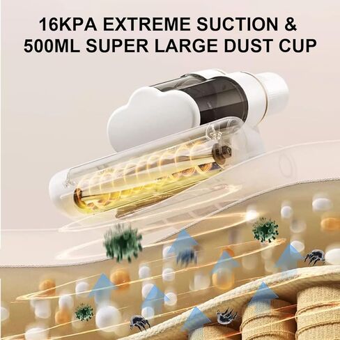 مكنسة كهربائية للمراتب مع ضوء الأشعة فوق البنفسجية - C شفط 16 كيلو باسكال و80000 دورة في الدقيقة فرشاة مزدوجة وكوب ثلاثي، تسخين وموجات فوق صوتية وسرعتان ومنفذ شفط موسع، مكنسة كهربائية للسرير مضادة للحساسية (أبيض) in Kuwait