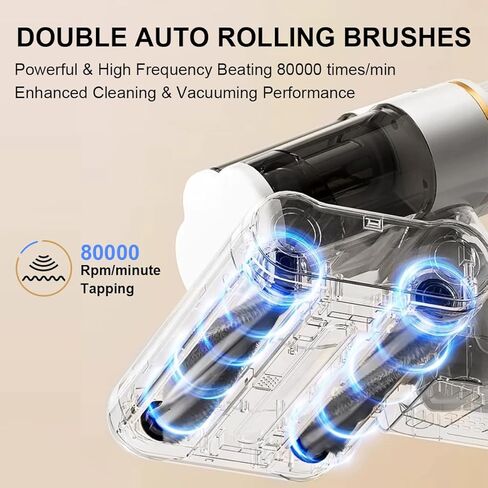 مكنسة كهربائية للمراتب مع ضوء الأشعة فوق البنفسجية - C شفط 16 كيلو باسكال و80000 دورة في الدقيقة فرشاة مزدوجة وكوب ثلاثي، تسخين وموجات فوق صوتية وسرعتان ومنفذ شفط موسع، مكنسة كهربائية للسرير مضادة للحساسية (أبيض) in Kuwait