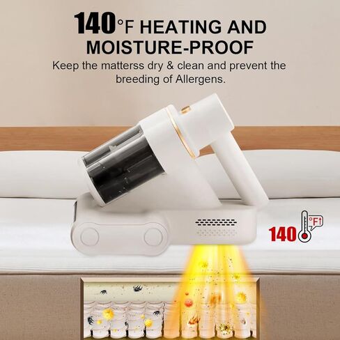 مكنسة كهربائية للمراتب مع ضوء الأشعة فوق البنفسجية - C شفط 16 كيلو باسكال و80000 دورة في الدقيقة فرشاة مزدوجة وكوب ثلاثي، تسخين وموجات فوق صوتية وسرعتان ومنفذ شفط موسع، مكنسة كهربائية للسرير مضادة للحساسية (أبيض) in Kuwait