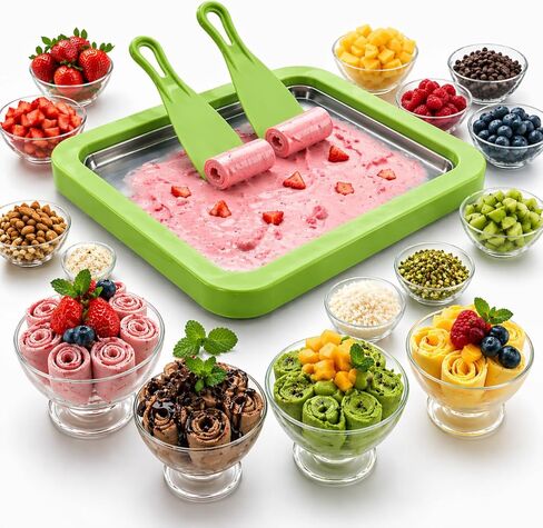 Ice Cream Roller Maker, At Home Rolled Ice Cream Maker Machine, Dairy Free & Frozen Yogurt Maker, Electric Free Countertop Ice Cream Machine with Spade for Rolls, Sorbet & Frozen Yogurt (White) in Kuwait