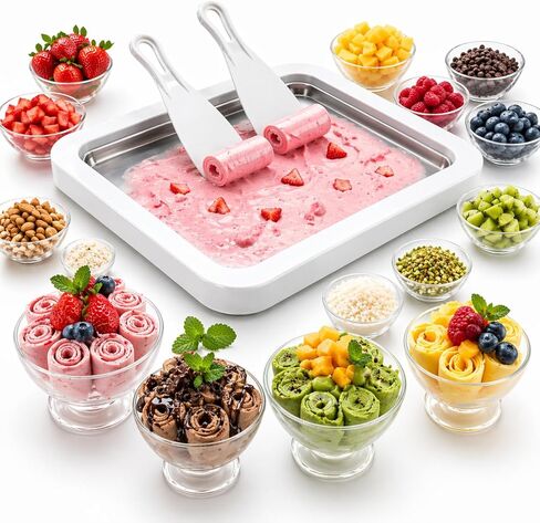 Ice cream roll maker Frozen Ice Cream Roll Maker Machine, Dairy Free & Frozen Yogurt Maker, Electric Free Countertop Ice Cream Machine with Spade for Rolls, Sorbet & Frozen Yogurt (White) in Kuwait