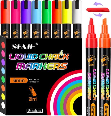SFAIH 24 Vibrant Chalk Markers for Blackboard [1s Wet Wipe] - No Residue, 6mm Chalk Markers for Chalkboard Calendar, Glass, Window, Menus, Labels, Signs, Car, Non-Toxic, Ideal for Bistro Home in Saudi Arabia