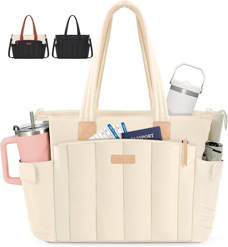RAINSMORE Puffer Tote Bag for Women, Work Tote Bags with Large Cup Holder, 15.6 Inch Laptop Bag Quilted Tote Bag with Zipper, Lightweight Computer Purses for Travel College Office, Black-Beige-Brown in Saudi Arabia