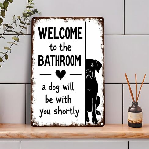 Funnysign Dog Lovers Gfits لافتة حمام مضحكة - "مرحبًا بكم في الحمام، سيكون الكلب معك قريبًا" - لوحة فنية جدارية معدنية لديكور المرحاض أو الحمام، 8 × 12 بوصة (9734) in Saudi Arabia
