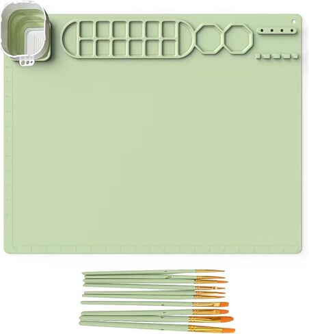 Silicone Painting Mat Set 20" x 16" Reusable Art Craft Mat with 10 Brushes & Holder Waterproof Desk Protector for Acrylic Painting, Hobby Building, Model Kits Perfect Gift Artists & Crafters in Saudi Arabia