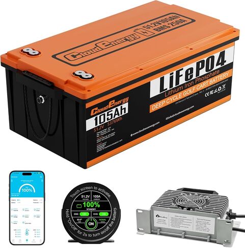 بطارية عربة الجولف Cloudenergy 48V(51.2V) 105AH LiFePO4 ليثيوم مدمجة 250A BMS، تفريغ 3C، مع شاحن 20A، تطبيق الهاتف المحمول، شاشة تعمل باللمس، 6000+ دورة، مثالية لعربات الجولف (GFA48V-105AH مع شاحن) in Saudi Arabia